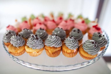 Çok renkli kremayla dekore edilmiş bir tabakta kekler.