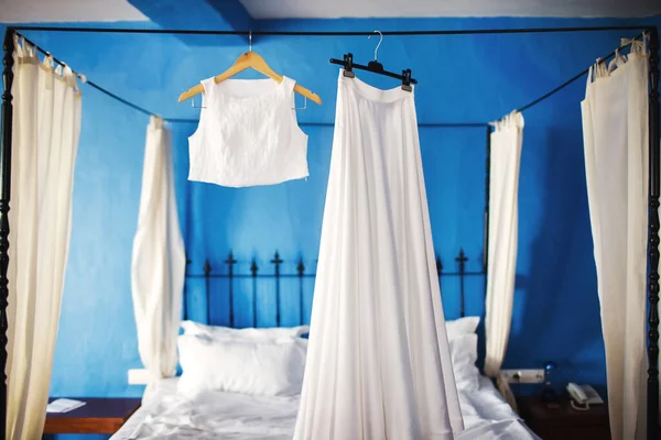 Wedding Dress Hanging Blue Background — Stock Photo, Image
