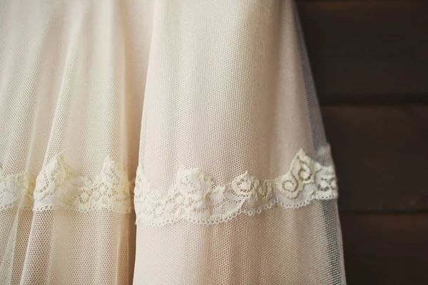 Béžové Svatební Šaty Krajkou Detaily Detailu — Stock fotografie