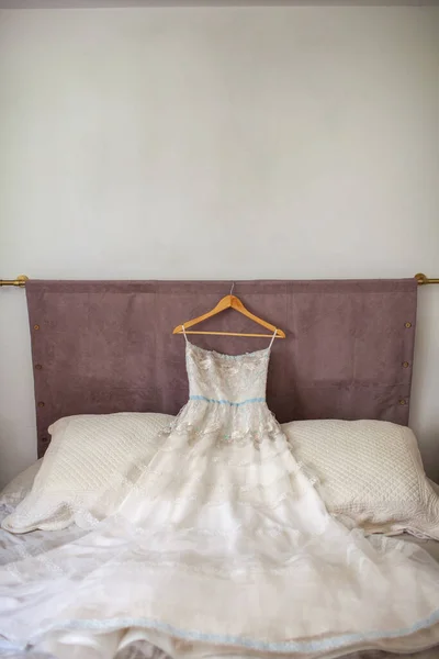 Lace Wedding Dress Hanging Bed — Stock Photo, Image