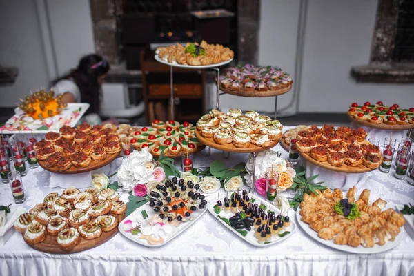 Fileiras Aperitivos Entradas Mesa Casamento — Fotografia de Stock