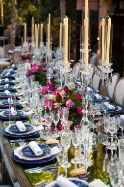 Decorated served table for wedding party or other event.