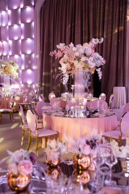 Decorated served table for wedding party or other event.