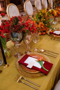 Decorated served table for wedding party or other event.