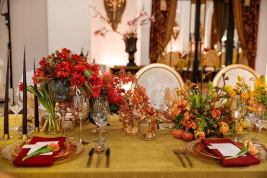 Decorated served table for wedding party or other event.
