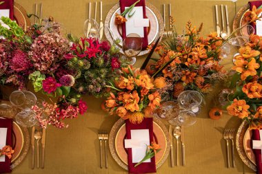 Decorated served table for wedding party or other event.