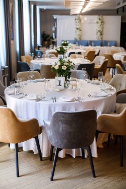 Decorated served table for wedding party or other event.