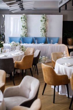 Decorated served table for wedding party or other event.