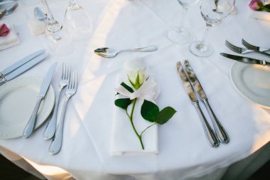 Decorated served table for wedding party or other event.