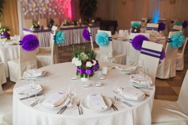 Decorated served table for wedding party or other event.