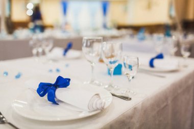 Decorated served table for wedding party or other event.