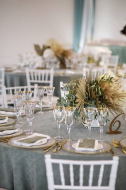 Decorated served table for wedding party or other event.