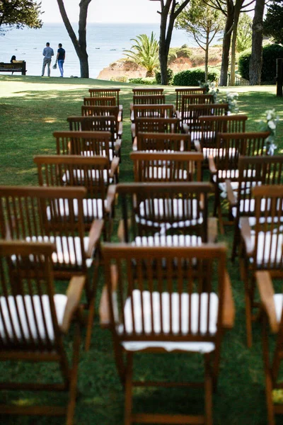 Wooden Chairs Outdoor Wedding Ceremony — Foto de Stock