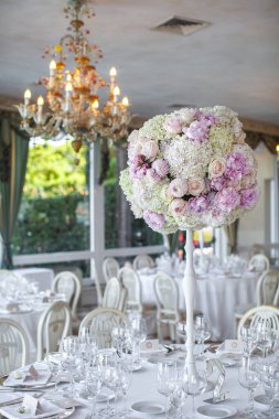 Decorated served table for wedding party or other event.