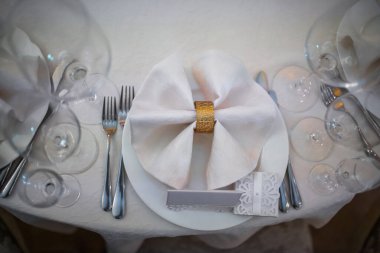 Decorated served table for wedding party or other event.