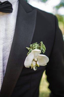 Elegant wedding boutonniere on the groom's suit.