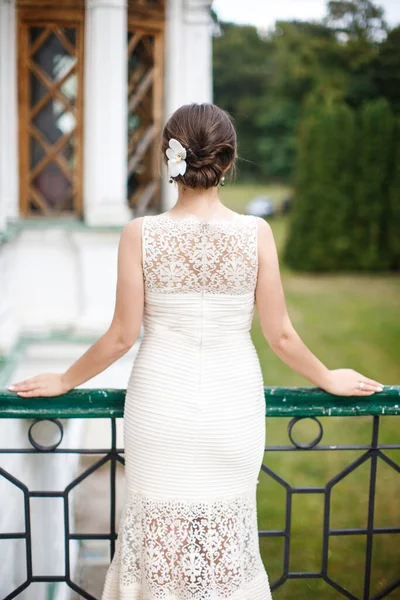 Bride Wedding Dress Posing Balcony — Stock Photo, Image