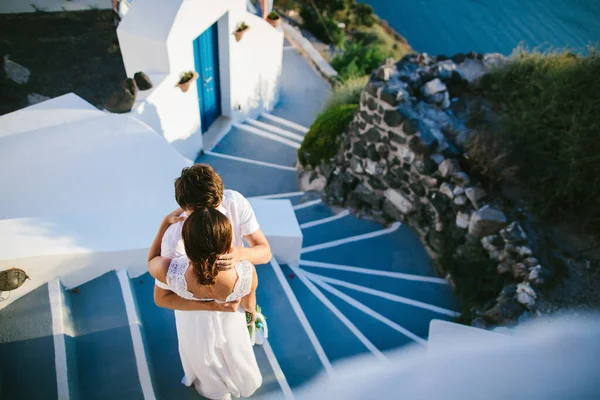 Bride Groom Wedding Day Newlyweds Hugging Stairs — Stockfoto