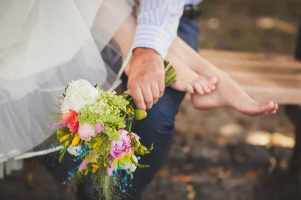 Bright Wedding Bouquet Hands Groom — Stock Fotó