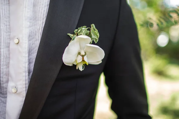 Elegant wedding boutonniere on the groom\'s suit.