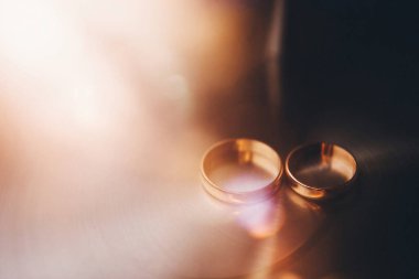 Two wedding rings on a shiny background.