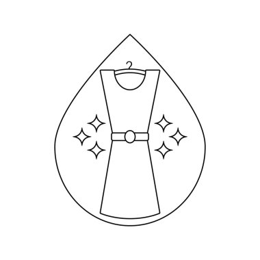 Kuru temizleme giysileri, çamaşır ikonu ve sembol. Temiz bir elbise askıya asılır. Beyaz arkaplan üzerinde doğrusal vektör çizimi ve clipart.