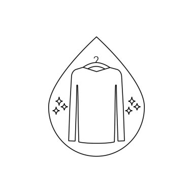 Kuru temizleme giysileri, çamaşır ikonu ve sembol. Temiz bir gömlek askıya asılır. Beyaz arkaplan üzerinde doğrusal vektör çizimi ve clipart.