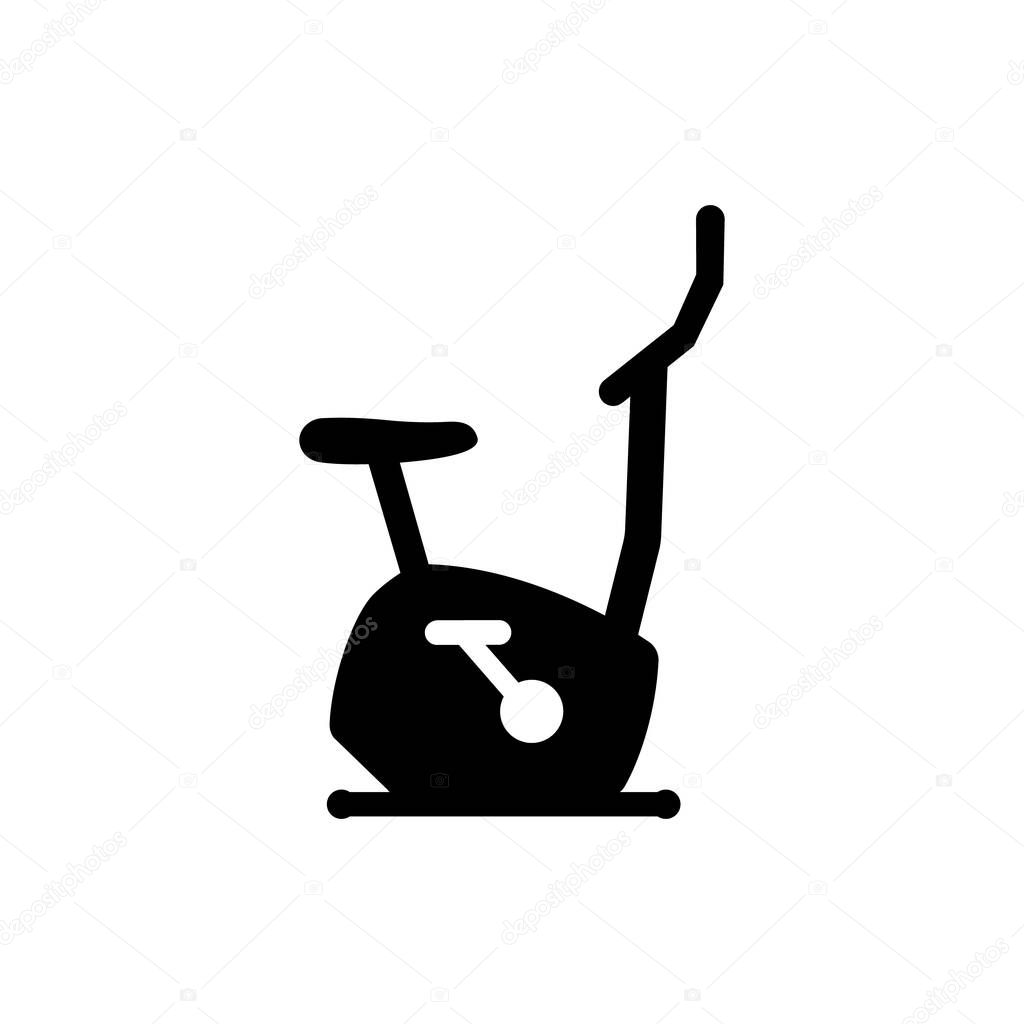 Stationary bike icon, sport and equipment, exercise bicycle sign. Black silhouette. Vector illustration and clipart on a white background.
