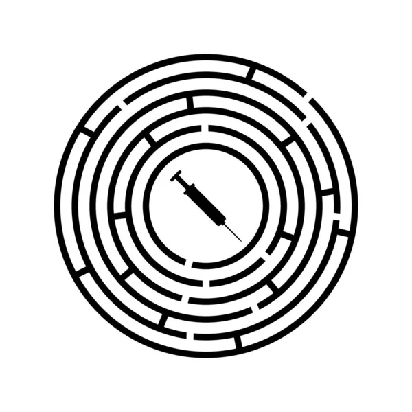 Rundes Labyrinth Und Spritzen Symbol Labyrinth Thema Sucht Und Medizin — Stockvektor