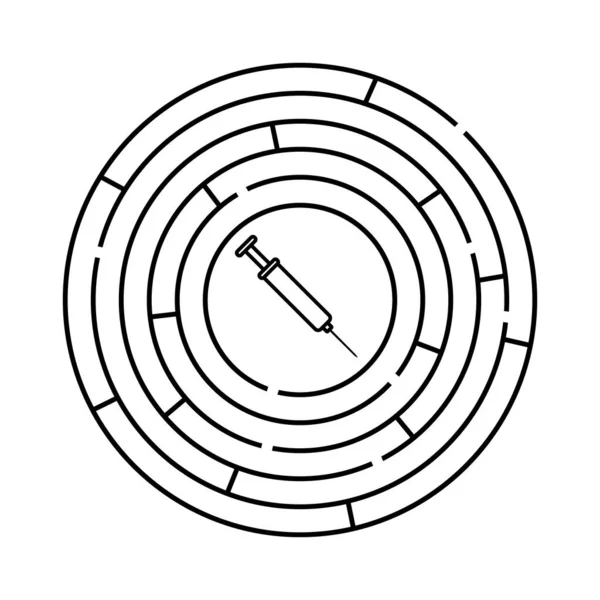 Okrągły Labirynt Symbol Strzykawki Wewnątrz Labiryntu Uzależnienie Medycyna Wektorowy Szablon — Wektor stockowy