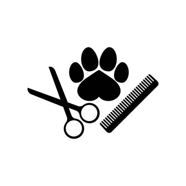Köpek bakım logosu. Köpek pençesi izi, tarak ve makas. Vektör dağılımı ve çizim. Beyaz arkaplanda izole illüstrasyon.