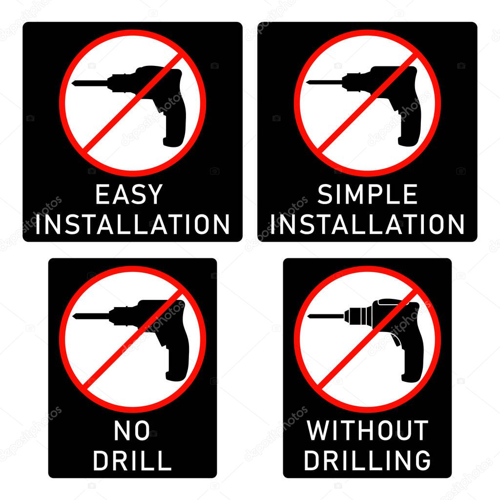 No drill, without drilling, easy installation, simple installation icon with power drill symbol. Crossed out vector clipart and sign. Design template for website elements, sticker, tag and other use.