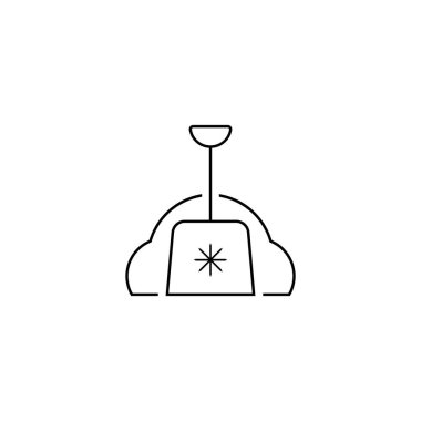 Kar temizleme ve temizleme ikonu. Kar küreği, kar yığınları ve kar taneleri aynı hizada. Basit ana hatlı vektör çizimi.