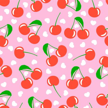 Şirin kırmızı kirazlar, pembe arka planda beyaz kalpler ve kusursuz tekrarlanan desenler. Düzenlenebilir şablon. Vektör illüstrasyonu ve clipart.