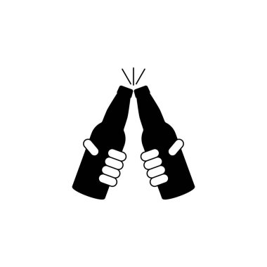 Ellerinde iki şişe bira. Şıngırdat ve şıngırdat. Siyah ve beyaz izole vektör çizimi. Beyaz arkaplan üzerine çizim.