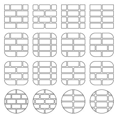 Tuğla duvar simgeleri. Beyaz arkaplan üzerinde şeffaf ana hatlı düzenlenebilir vektör çizimleri kümesi.