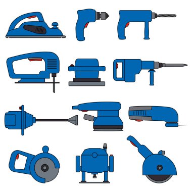 Elektrikli elektrikli aletler. Vektör simgeleri ve çizimler kümesi. İnşaat, onarım ve inşaat. Matkap, tornavida, planör, kaya matkabı, yapboz, daldırma yönlendirici..