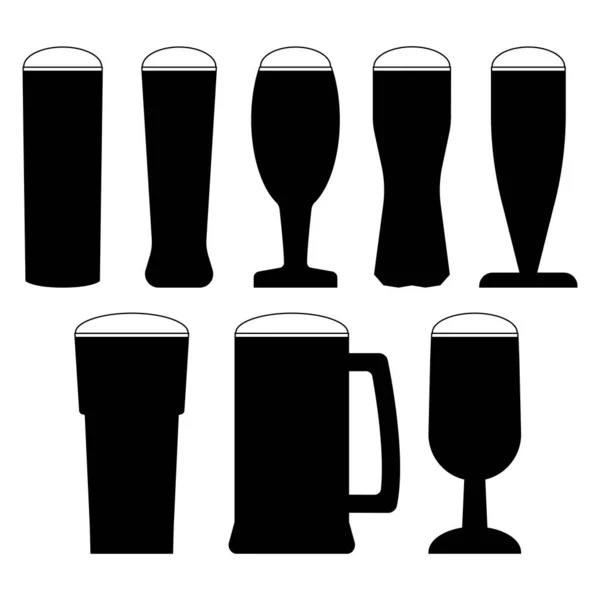 Silhouettes Full Beer Mugs Glasses Set Vector Illustrations Icons — Stock Vector
