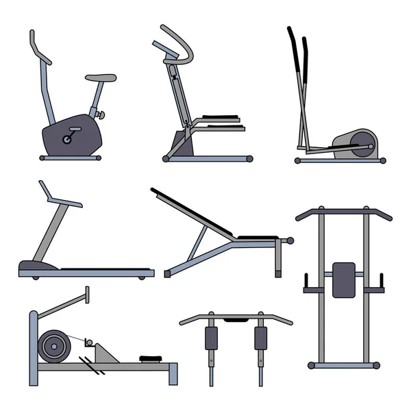 Fitness Fitnessapparatuur Fitnessapparaat Vectorillustratie Trainingsfiets Halterbank Crosstrainer Wandbalk Loopband Stepper — Stockvector