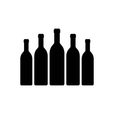 Siyah şarap şişesi siluetleri hazır. Vektör illüstrasyonu, çizim, iklim. Beş şişe şarap birlikte. Farklı boyutlarda. Sıraya dizildim. 