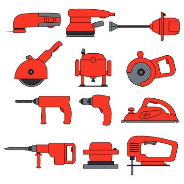 Elektrikli elektrikli aletler. Vektör simgeleri ve çizimler kümesi. İnşaat, onarım ve inşaat. Matkap, tornavida, planör, kaya matkabı, yapboz, daldırma yönlendirici..