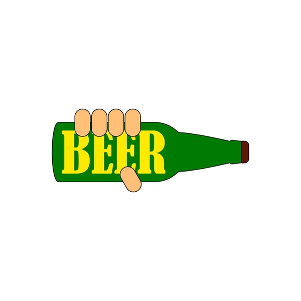 Hand Holds Bottle Beer Inscription Beer Colored Isolated Vector Illustration — Stockvektor