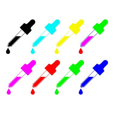 Pipette damlası ve bir damla. Renkli parlak vektör çizimleri ve simgeleri kümesi.