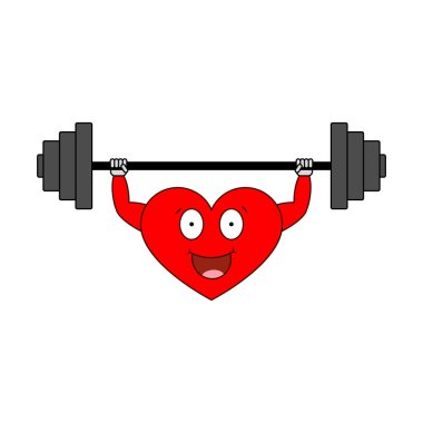 Halterli güçlü bir kalp. Vektör karikatür karakteri ağırlık çalışması yapıyor.