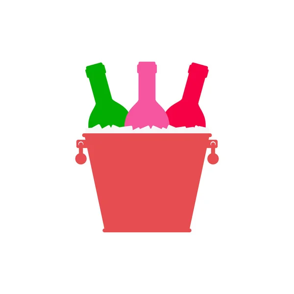 Χρωματιστά Φωτεινά Μπουκάλια Κρασιού Ένα Μεταλλικό Κουβά Και Παγάκια Εικονογράφηση — Διανυσματικό Αρχείο
