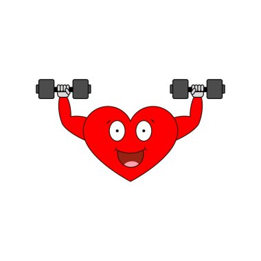 Dambılı güçlü bir kalp. Vektör karikatür karakteri ağırlık çalışması yapıyor.