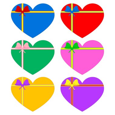 Kalp şeklinde sevgililer günü hediyeli kurdeleye sarılı. Renkli parlak vektör çizimleri. Metin ve harf için boşluk.