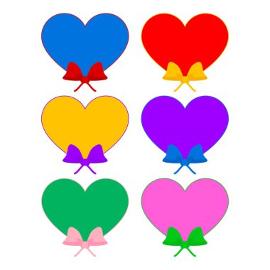 Hediye kurdeleli ve kurdeleli bir kalp. Sevgililer günü için renkli parlak vektör şablonu seti, düğün, metin, slogan ve yazı için yeri olan davetiye kartı. Düzenlenebilir şablon.