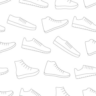 Sneakers ayakkabı vektör arkaplan tekrarlayan desen. Erkekler ve kadınlar spor ayakkabıları. İnce çizgi tarzı. Düzenlenebilir şablon.