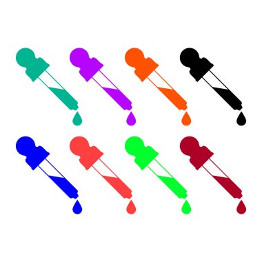 Göz damlası pipeti ve bir damla. Renkli parlak vektör illüstrasyonları ve kırpma kümesi.